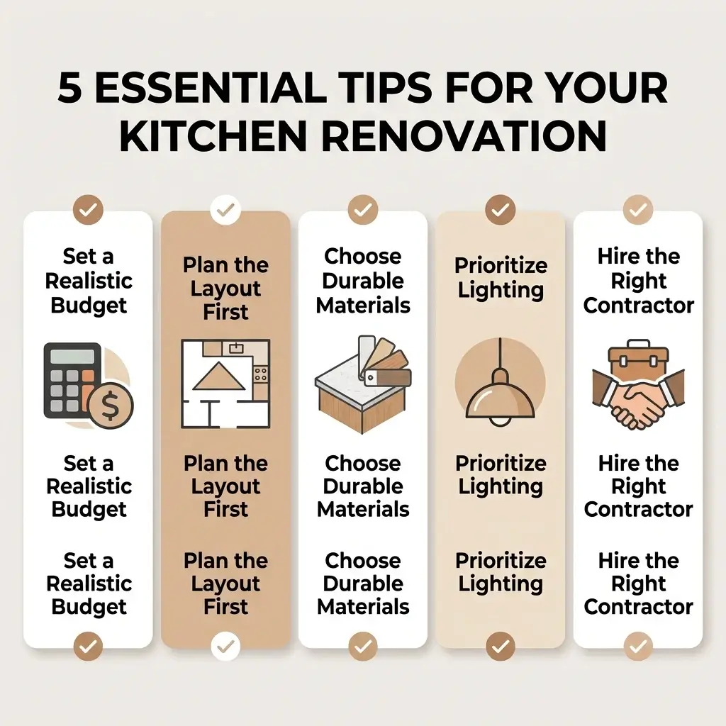 Infographic listing five kitchen renovation tips: set a realistic budget, plan the layout first, choose durable materials, prioritize lighting and hire the right contractor