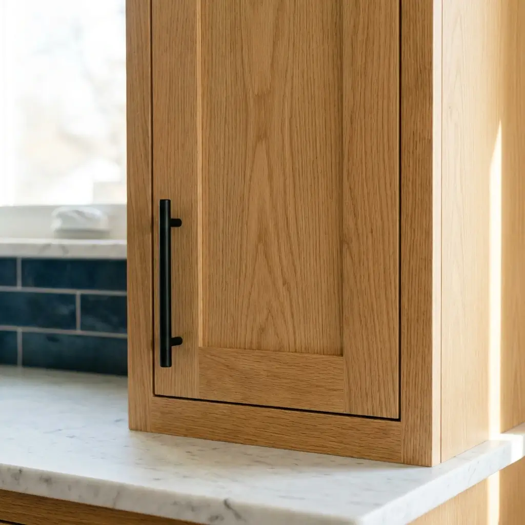 White oak cabinet door with matte black handle over marble countertop and navy tile backsplash