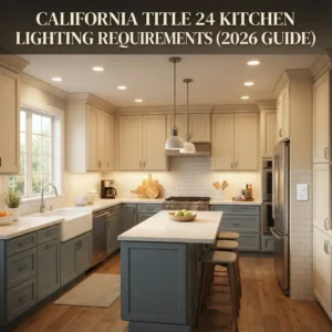 Modern kitchen with recessed LED ceiling lights, pendant lights over the island, and under-cabinet lighting demonstrating Title 24 compliant lighting design