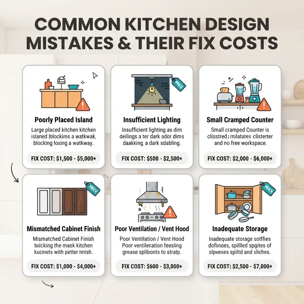 Infographic of six common kitchen design mistakes and their fix costs: poorly placed island 1,500 to 5,000 dollars, insufficient lighting 500 to 2,500, cramped counters 2,000 to 6,000, mismatched cabinet finish 1,000 to 4,000, poor ventilation 600 to 3,000 and inadequate storage 2,500 to 7,000