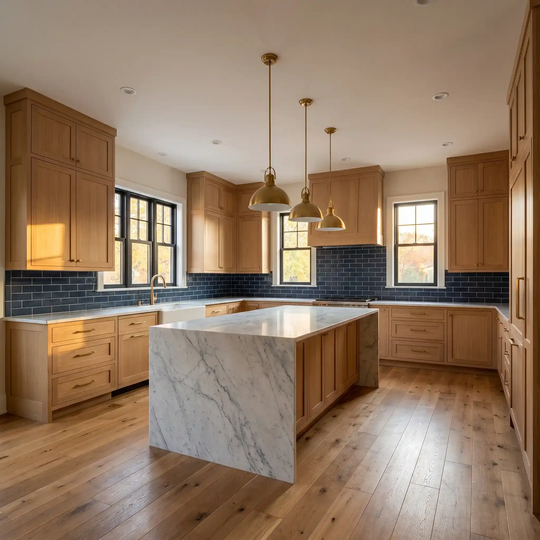 Full craftsman kitchen renovation with white oak cabinets, navy tile backsplash, marble island, and brass pendant lights in Los Altos