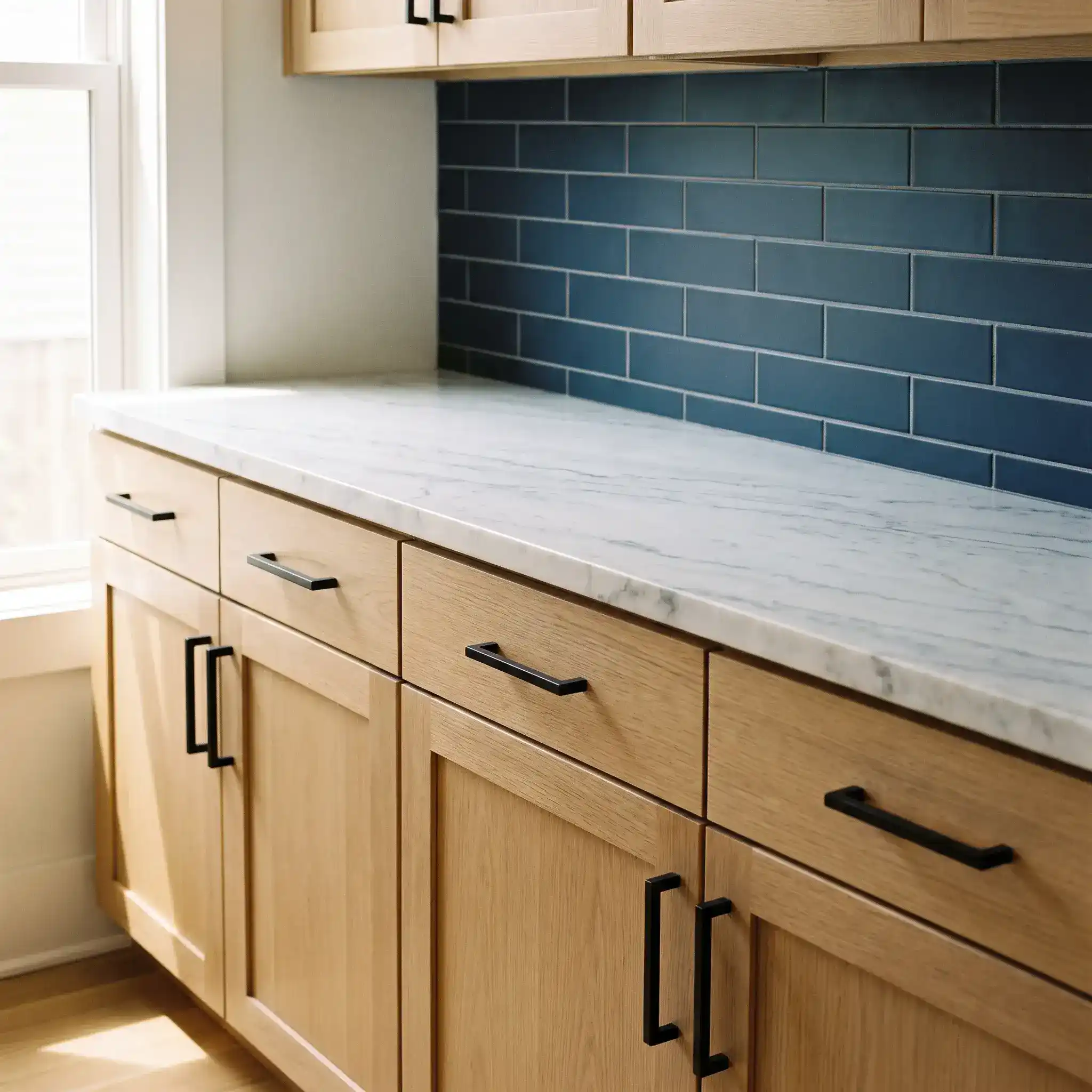 White oak shaker cabinets with black hardware and marble countertop against navy blue tile backsplash
