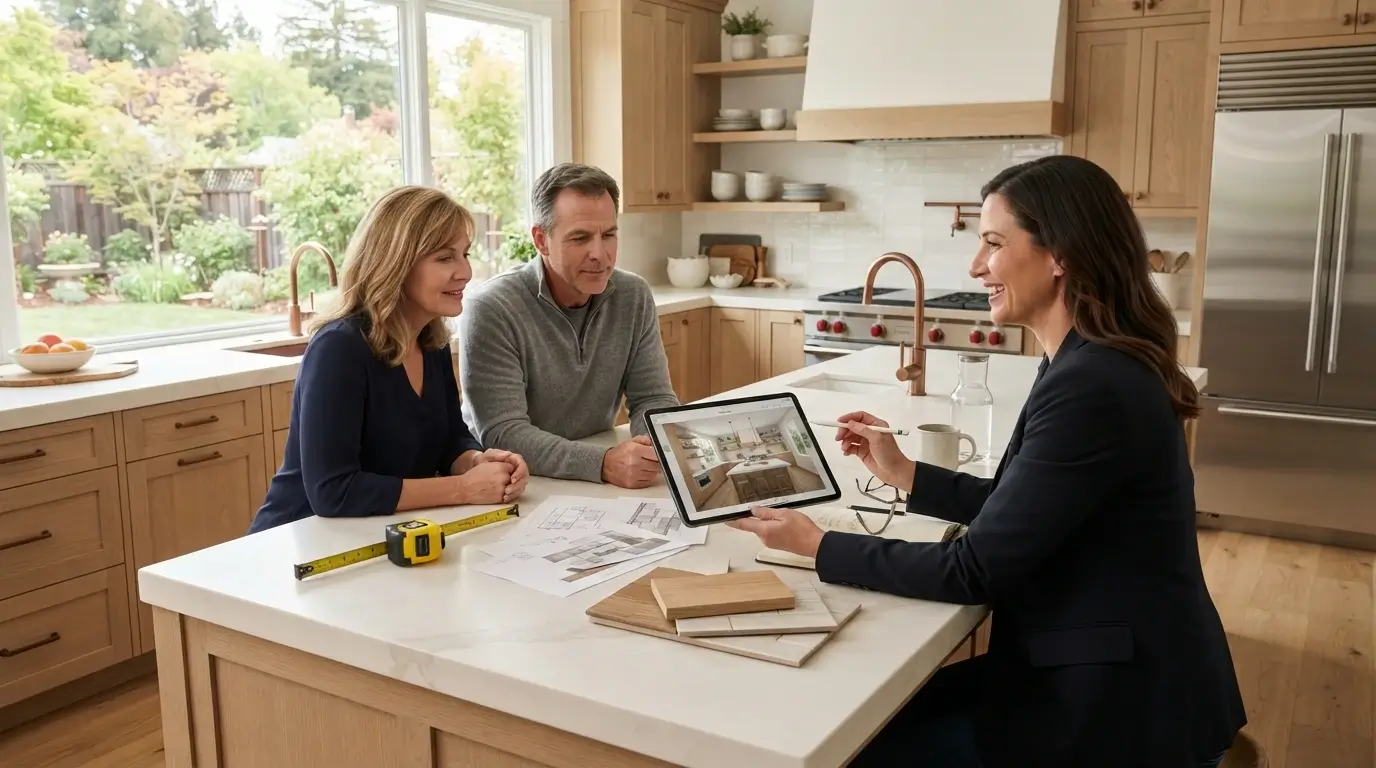 Designer_meeting_homeowners_in_kitchen_with_kitcheny_remodel. Kitchen Design Consultation in Los Altos, CA
