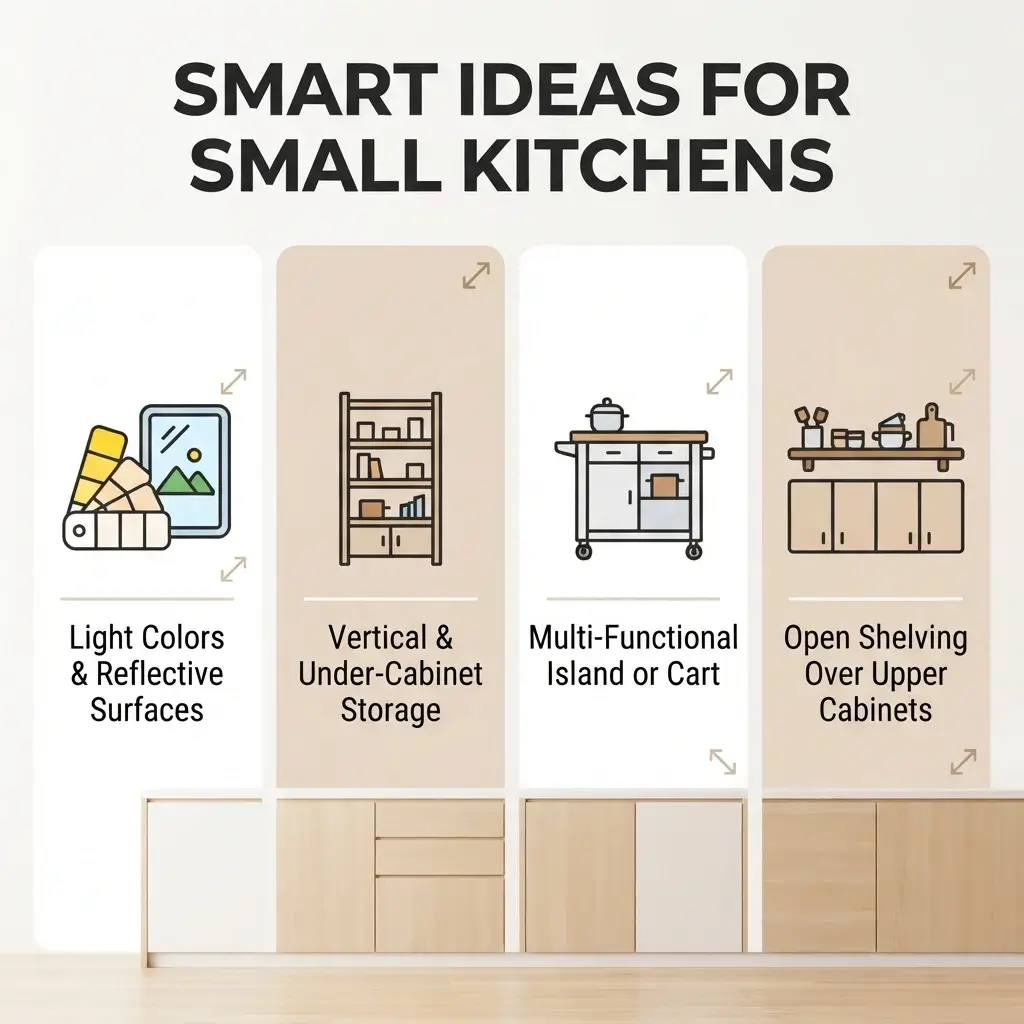Infographic with four small-kitchen ideas: light colors and reflective surfaces, vertical and under-cabinet storage, a multi-functional island or cart, and open shelving over upper cabinets