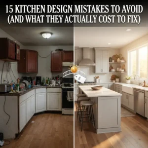 Before and after kitchen renovation showing outdated cluttered kitchen transformed into modern bright kitchen with island