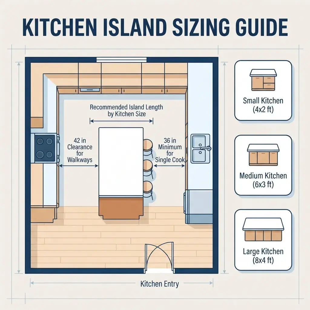 Kitchen island sizing guide showing a floor plan with 42 inch walkway clearance and a 36 inch minimum for a single cook, plus recommended island sizes of 4x2 ft for small, 6x3 ft for medium and 8x4 ft for large kitchens