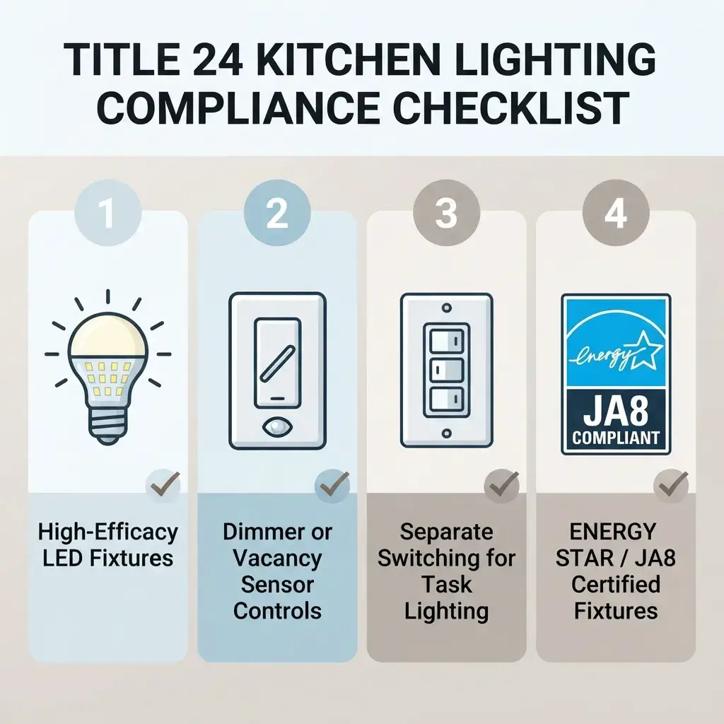 Infographic checklist showing four Title 24 lighting compliance requirements: high-efficacy LED fixtures, dimmer or vacancy sensor controls, separate switching, and ENERGY STAR JA8 certified fixtures