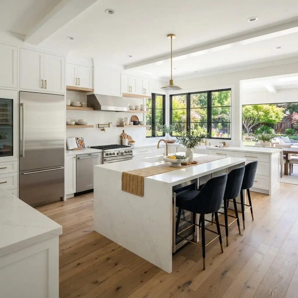 Luxury kitchen design with custom walnut cabinetry and marble island