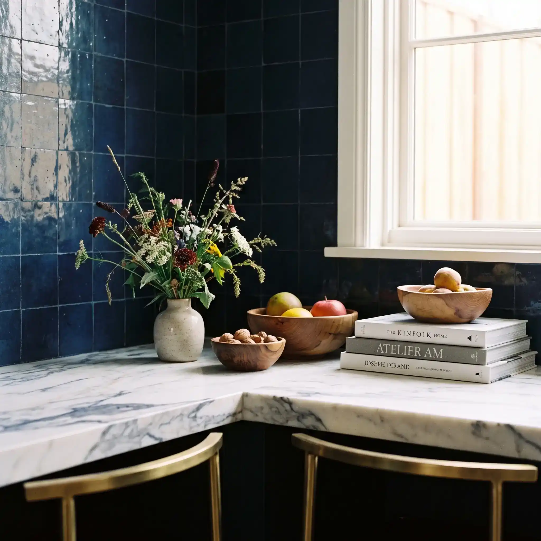 Styled kitchen corner with navy blue tile backsplash, marble countertop, wildflower vase, wooden bowls, and brass barstools in Los Altos home