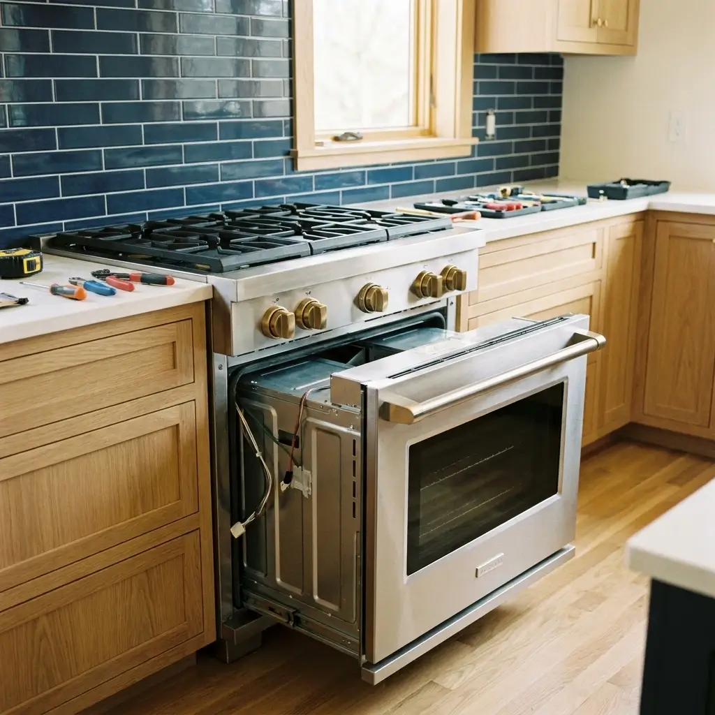 Kitchen design consultation with layout plan, wood sample, marble chip, and navy tile swatch on countertop