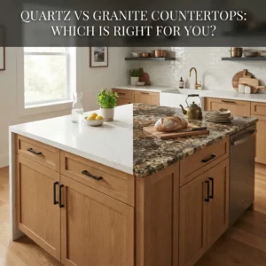 Split-view kitchen island showing white quartz countertop on the left and granite countertop on the right for comparison