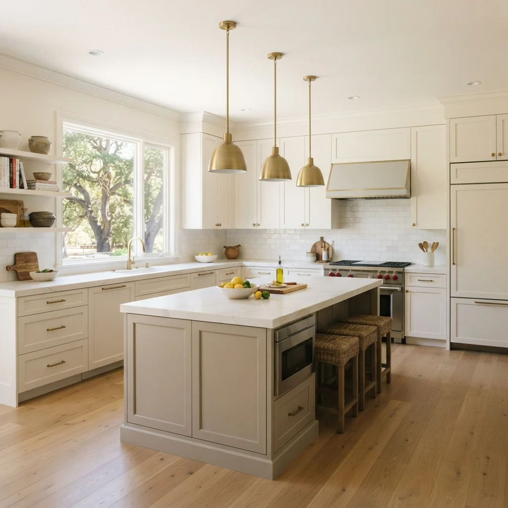 Luxury kitchen design in Atherton with custom cabinetry, Wolf range, and natural stone