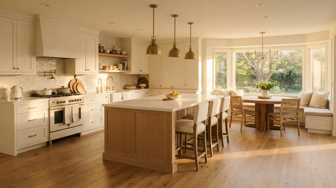An open plan Los Altos Hills kitchen remodel with a light oak island and breakfast area
