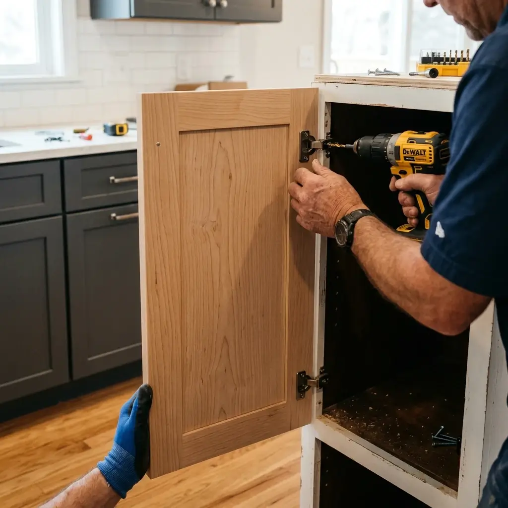 Professional cabinet refacing services in Los Altos, CA showing a contractor installing new solid wood cabinet doors and hinges during a kitchen renovation project
