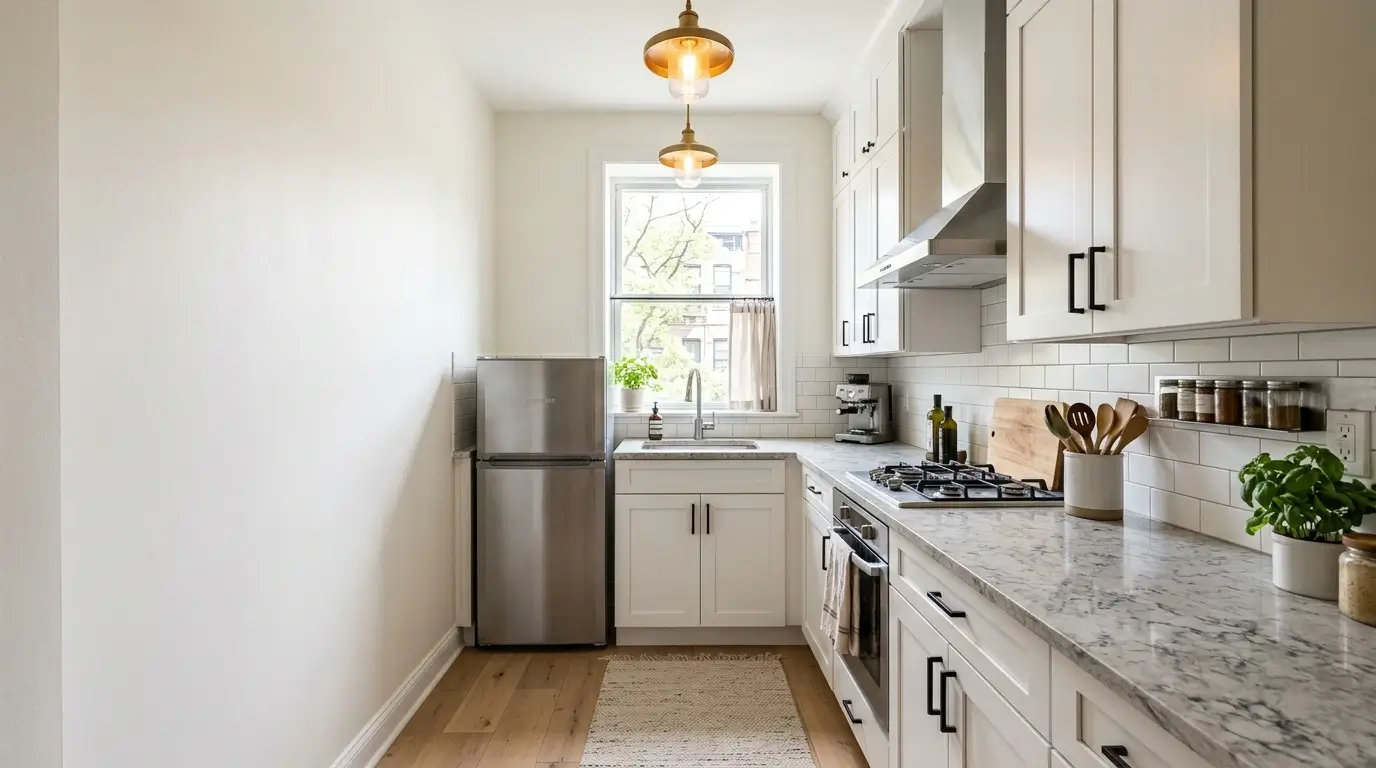 Compact Galley Kitchen with White Cabinets and Marble Countertop