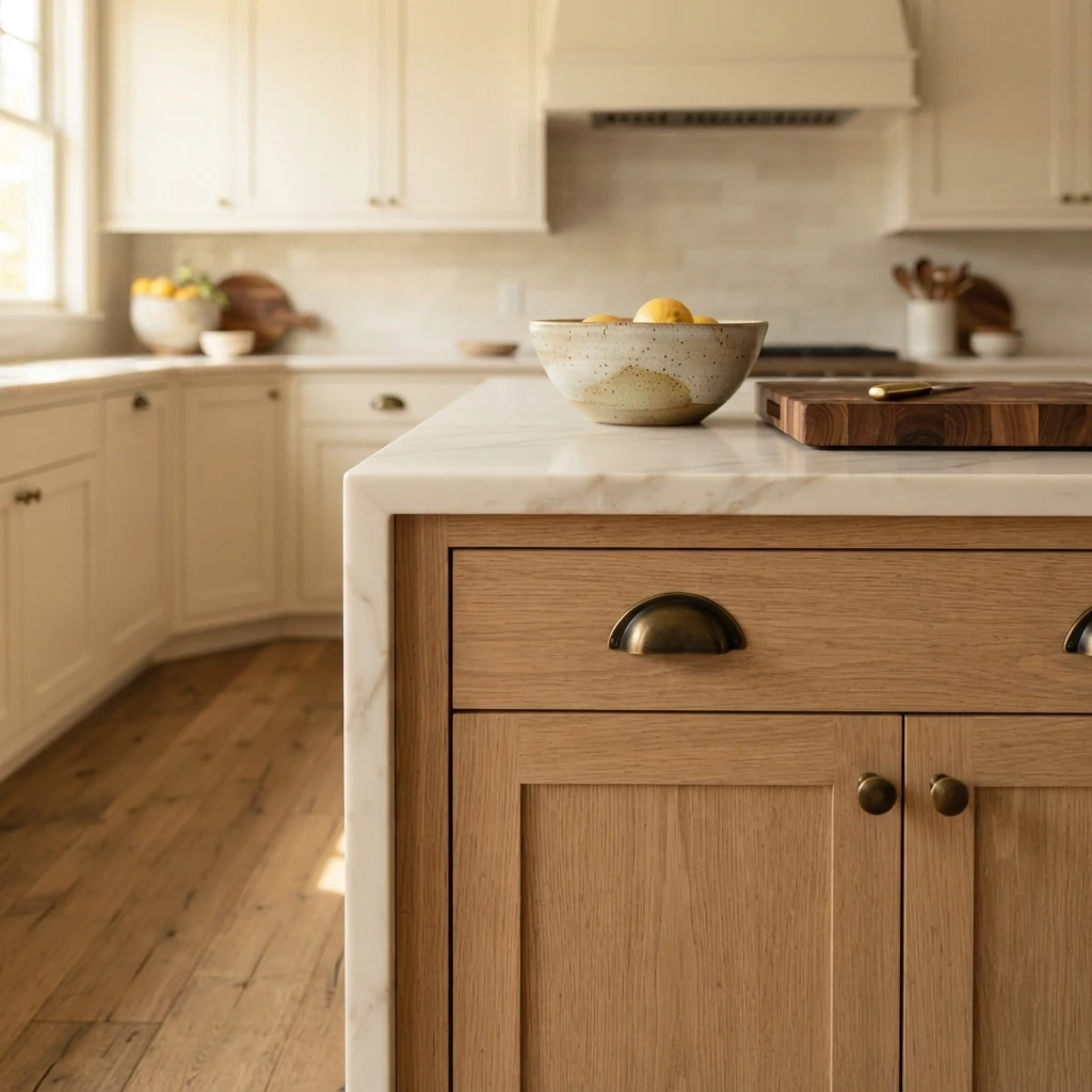 detail with a white oak island, marble look quartz countertop, and brass cup pulls