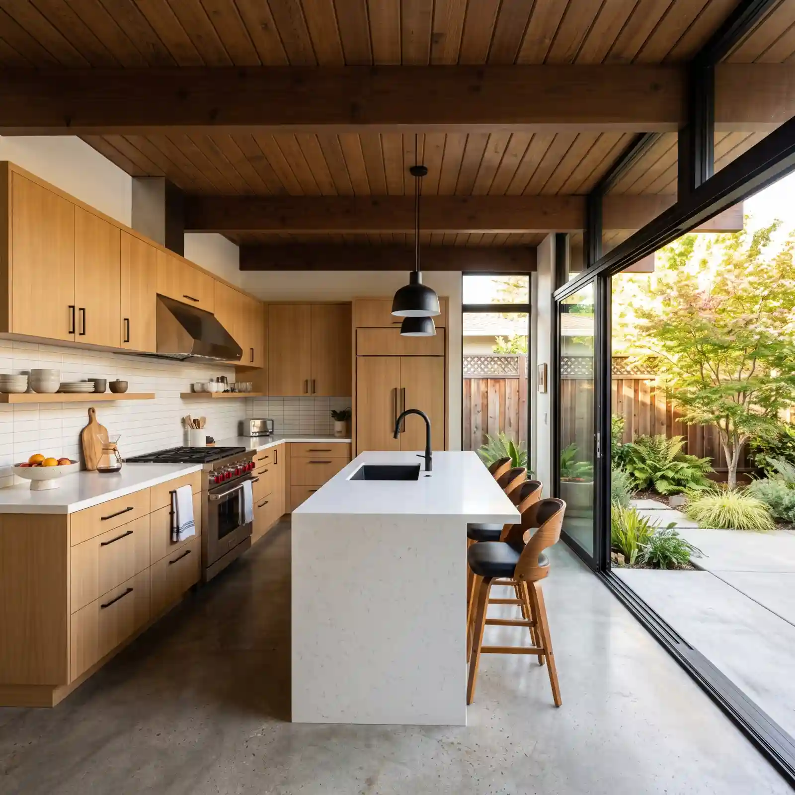 Kitchen cabinets and countertops service in Mountain View, CA — white oak cabinetry with quartz counters