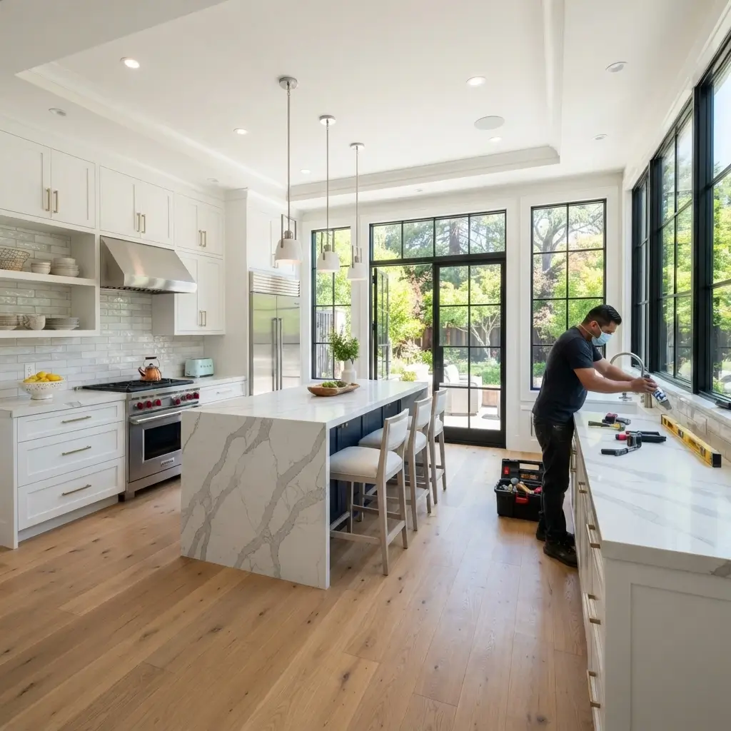 Full kitchen gut remodel with white shaker cabinets and quartz waterfall island in Los Altos, CA