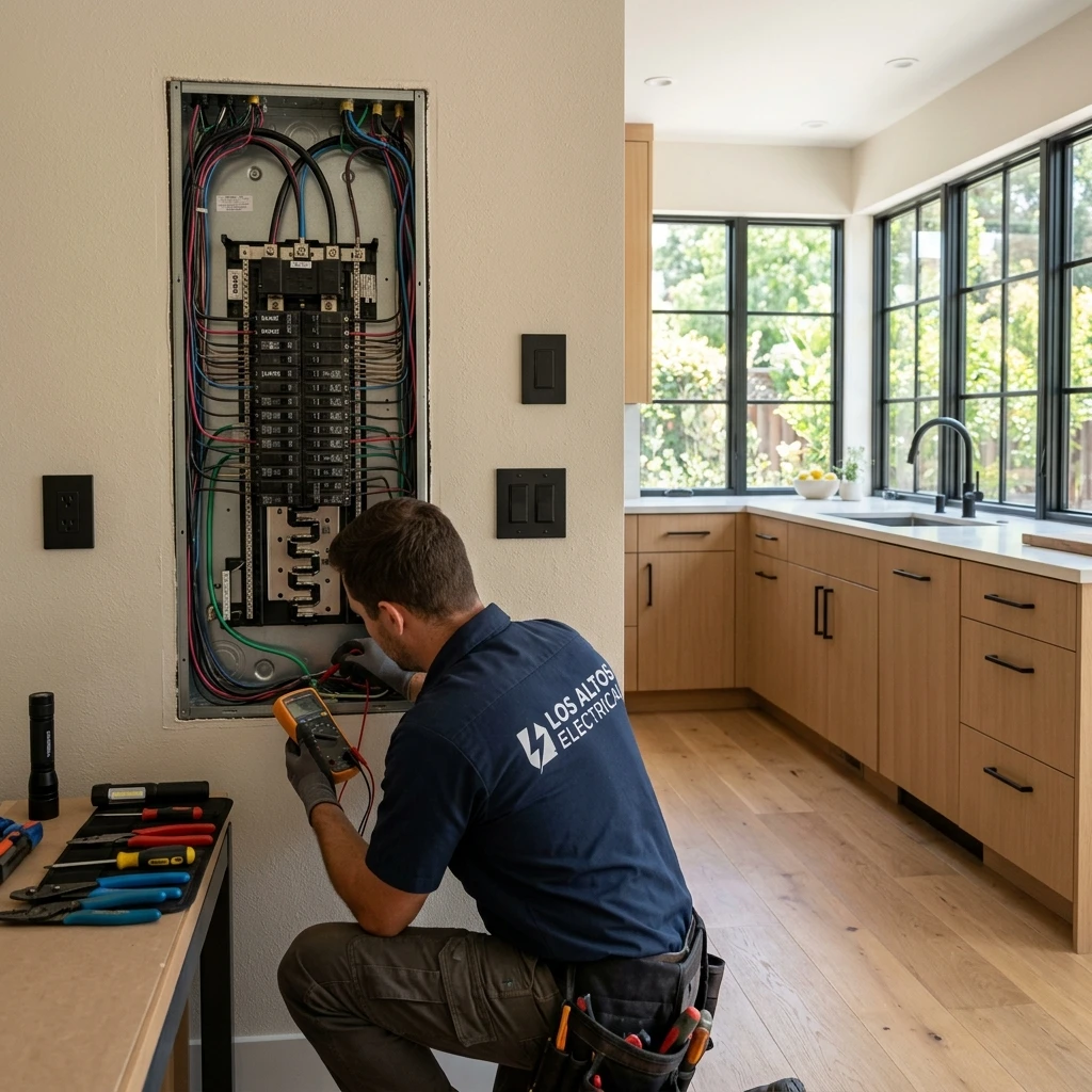 Electrician inspecting electrical panel in Los Altos, CA home before kitchen appliance installation