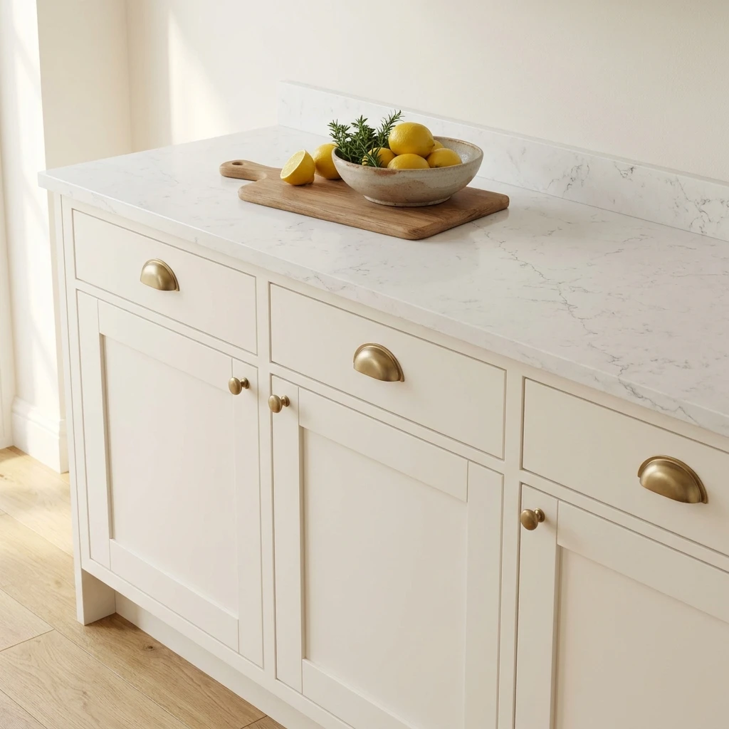 Kitchen cabinetry and countertops in Menlo Park, CA with white cabinets, marble counters, and brass hardware