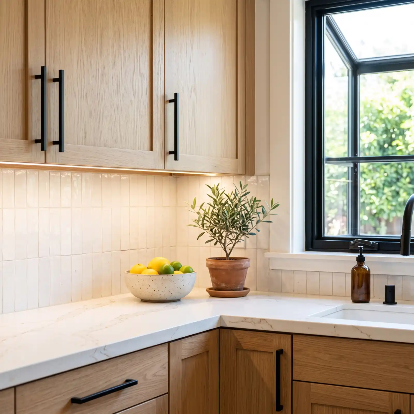 Kitchen cabinets and countertops in Mountain View, CA — white oak cabinetry with quartz counters and under-cabinet lighting.