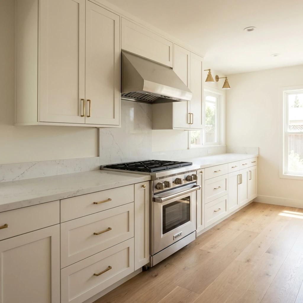 Kitchen remodel in Menlo Park, CA with Wolf range, white cabinets, and marble countertops