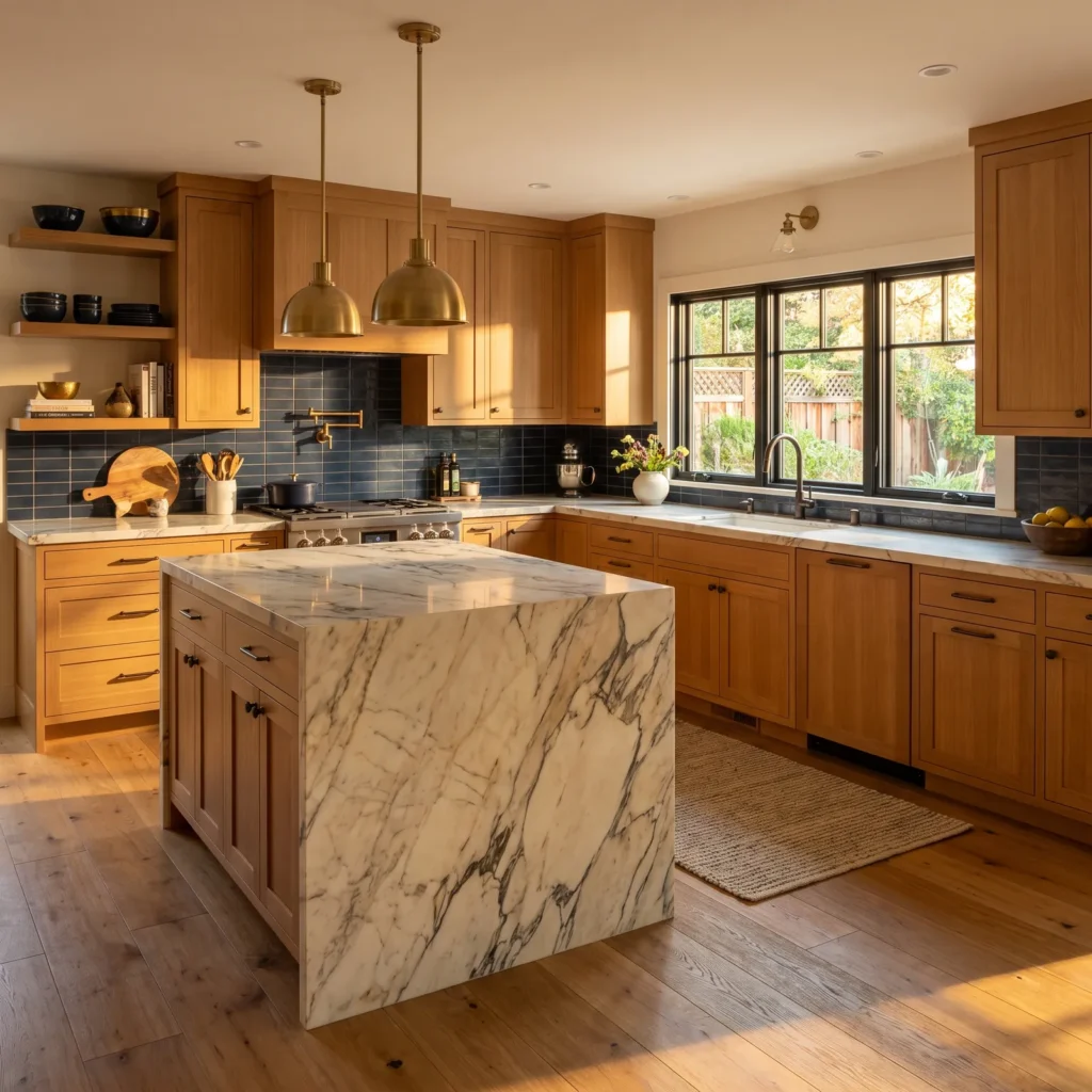 Luxury craftsman kitchen remodel in Los Altos, CA with custom wood cabinetry, marble waterfall island, and brass pendant lighting