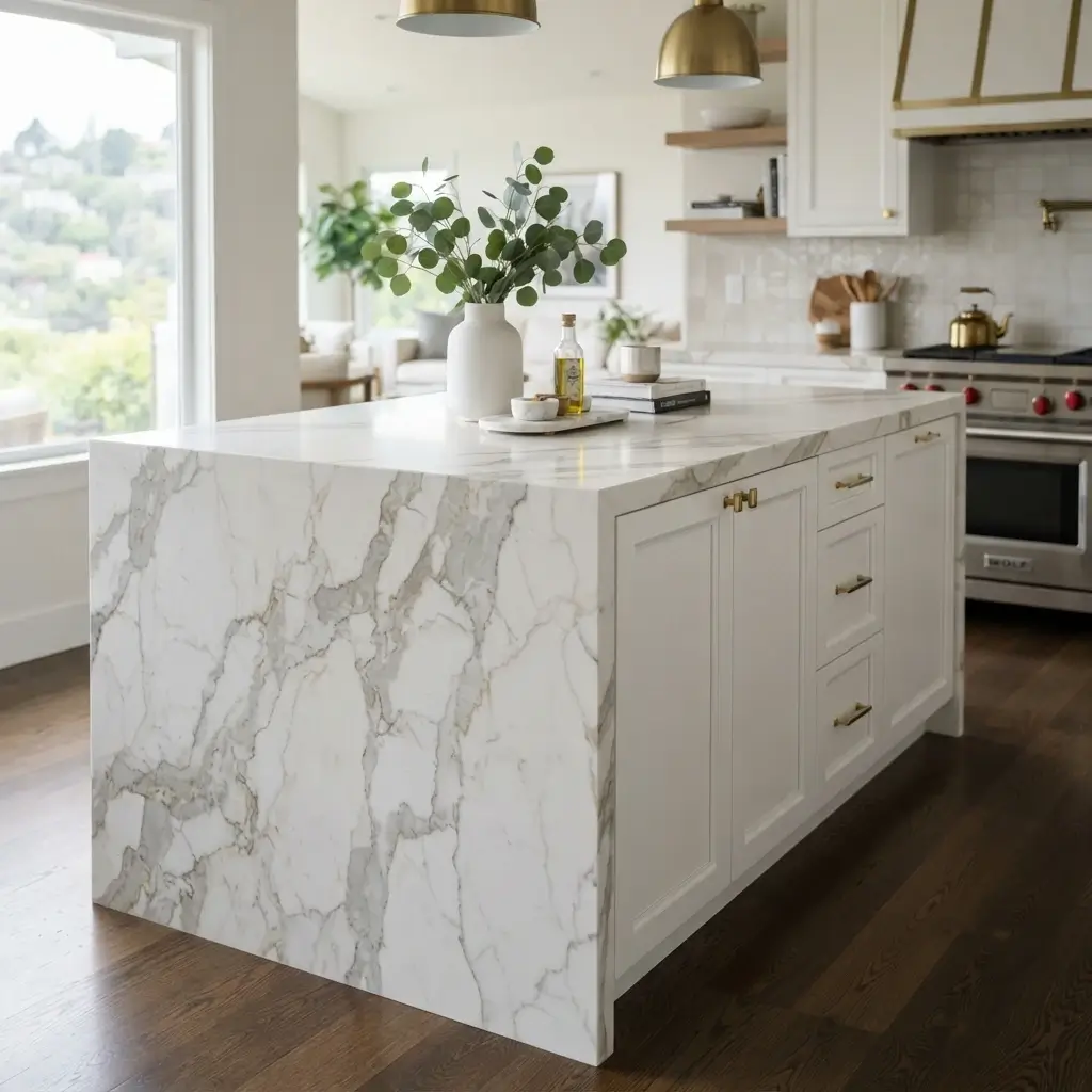 Close-up of quartz countertop installation with waterfall edge in Kitchen