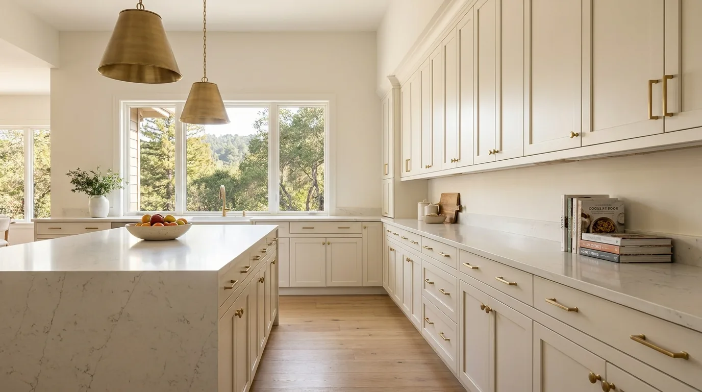 kitchen with cream cabinetry, quartz countertops, and brass hardware beside a large window