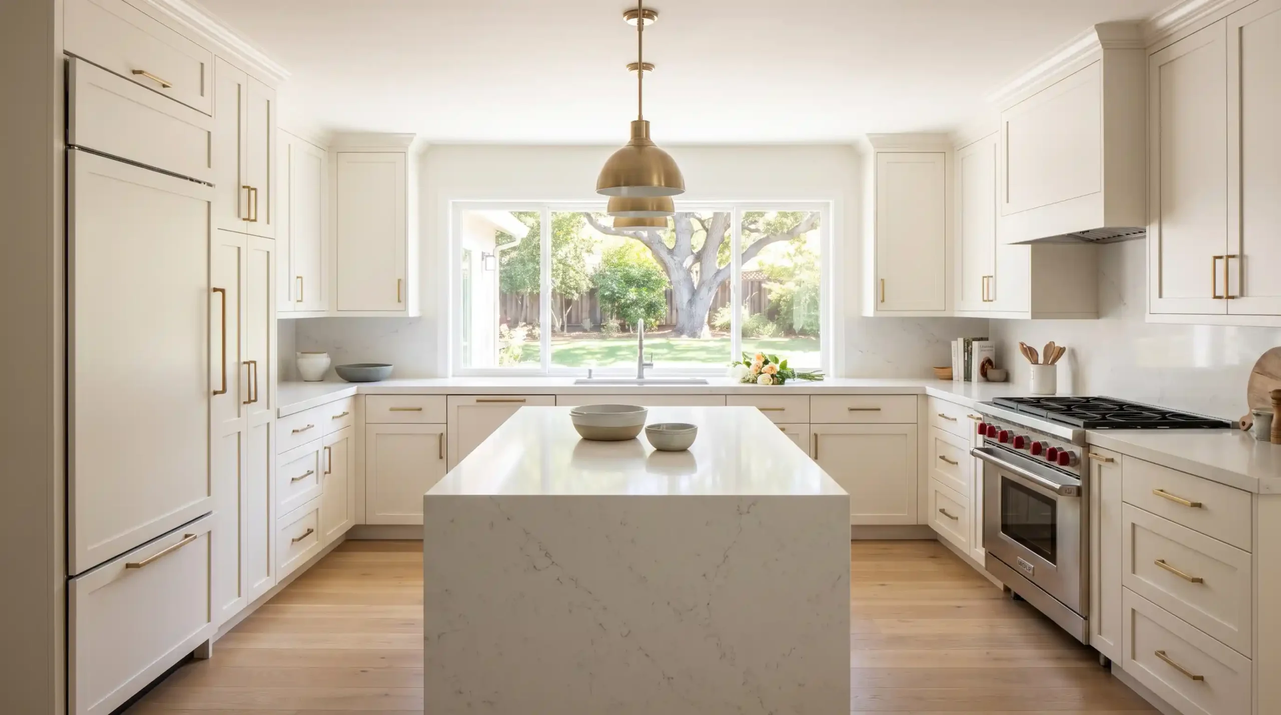 Upscale kitchen remodel in Menlo Park, CA with U-shaped white cabinets, marble island, and brass pendant lighting