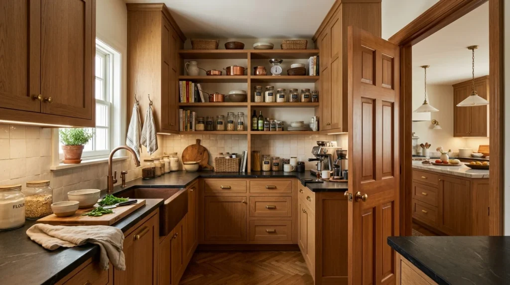 Hidden prep kitchen behind a door, with oak cabinets, open shelves of jars and copper pans, dark stone counters and a copper apron sink