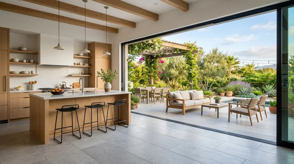Kitchen opening through a fully retracted glass wall onto a patio with a pergola, outdoor sofa, dining table and pool
