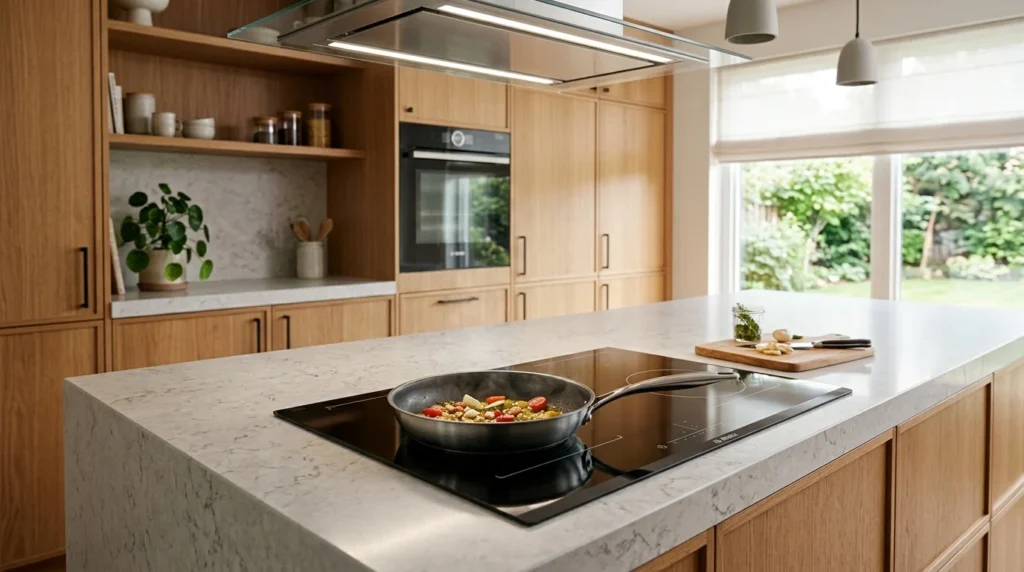 Pan of vegetables cooking on an induction cooktop set into a quartz island, with oak cabinets and a flush glass extractor hood above