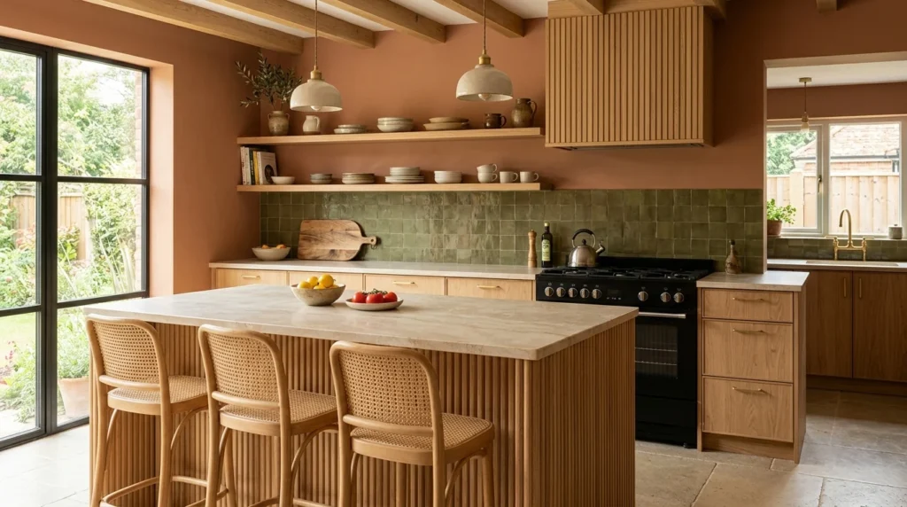 Kitchen with terracotta painted walls, a fluted oak island, green zellige tile backsplash, oak open shelving and cane bar stools