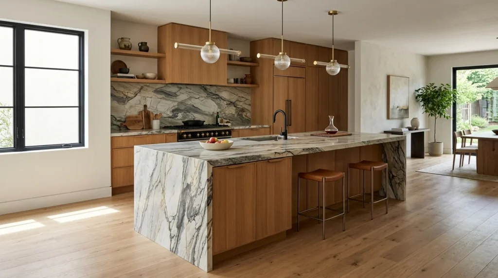 Kitchen with a dramatically veined marble waterfall island and matching full-height backsplash, walnut cabinets and brass linear pendant lights