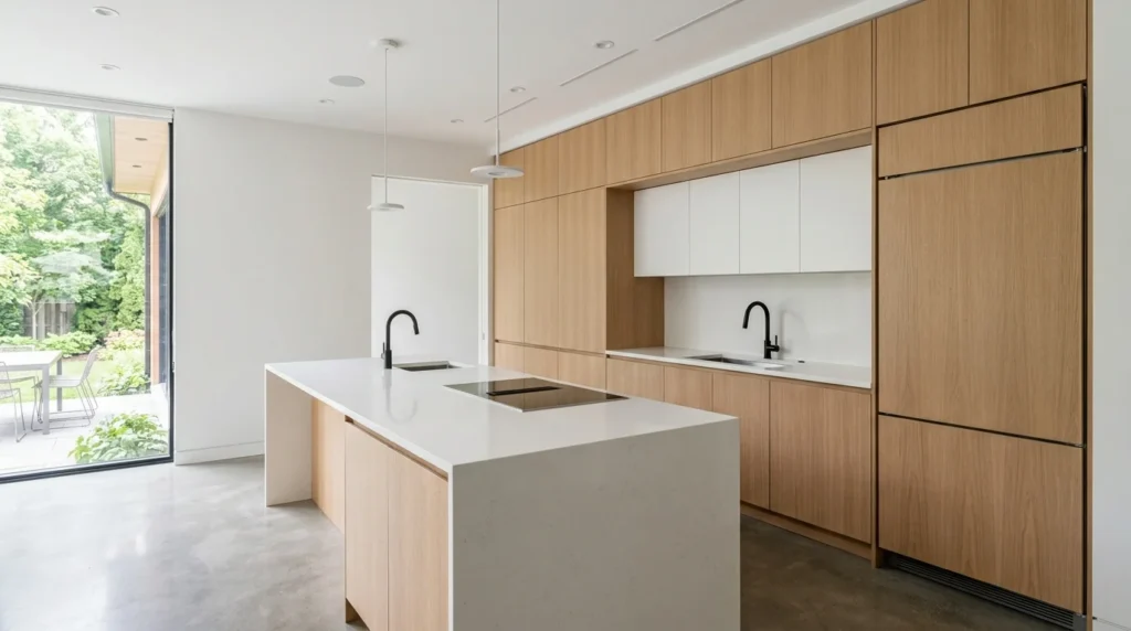 Minimalist kitchen where the appliances hide behind a full wall of handleless oak cabinetry, with a white quartz island and integrated induction cooktop