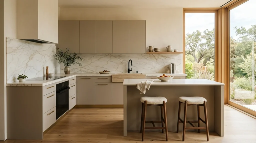 Warm minimalist kitchen with handleless greige cabinets, a marble slab backsplash and countertop, a stone trough sink and boucle stools at the island