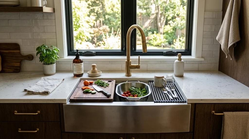 Stainless steel workstation sink with an integrated cutting board, colander and roll-up drying rack, with a brass faucet and dark wood cabinets